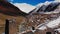 Aerial drone landscape of unusual small settlement in Ushguli located between mountains