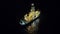 Aerial drone, night and ship lights at sea on water, mockup space or dark background. View of boat on late evening