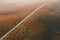 Aerial drone overhead of cars driving down straight road through leafless forest valley at sunset