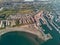 Aerial drone panorama Almerimar townscape, province of Almeria, Andalucia, Spain