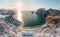 Aerial drone panorama of haukland/vik beach in lofoten islands.empty beach due to corona virus towards the mountain during amazing