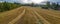 Aerial drone panorama just harvested small wheat field, crops have been recently gathered. Pine tree forest on left, red wooden