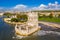 Aerial drone panorama photo of the Belem Tower.