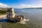 Aerial drone panorama photo of the Belem Tower.