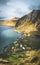 Aerial drone Panorama view to beach in Bjoernsand Lofoten, near Reine Hamny. Kvalvika and Haukland Beach.