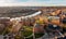 Aerial drone panorama of the Woodburn Circle at the university in Morgantown, West Virginia