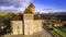 Aerial drone panoramic view of beautiful medieval castle Chateau de Montrottier