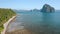 Aerial drone panoramic view of El Nido coastline at the low tide. Long Sandy beach and palm trees. Exploring Palawan