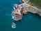 Aerial drone panoramic view of the lighthouse and cliffs at Cape St. Vincent at sunset. Algarve seascape.  Amazing landscape.Conti