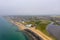 Aerial drone photo of the Bournemouth south beach on a very cloudy foggy day showing low level clouds