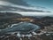 Aerial drone photo of a empty lake a huge volcanic mountain Snaefellsjokull in the distance, Reykjavik, Iceland.