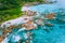 Aerial drone photo of group of rocks on tropical hidden secret beach Marron at La Digue island, Seychelles. White sand