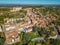 Aerial drone photo of Guarene castle and city in Northern Italy, langhe and roero region