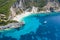 Aerial drone photo of iconic paradise sandy beach of Agiofili near port of Vasiliki with emerald crystal clear sea and