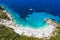 Aerial drone photo of iconic paradise sandy beach of Agiofili near port of Vasiliki with emerald crystal clear sea and