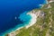 Aerial drone photo of iconic paradise sandy beach of Agiofili near port of Vasiliki with emerald crystal clear sea and