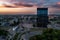 Aerial drone photo of Katowice city center and office buildings towers with roundabout.