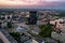 Aerial drone photo of Katowice city center and office buildings towers with roundabout.