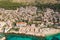 Aerial drone photo of Lazareti beasides Banje beach outside Dubrovnik old townl in Croatia summer morning