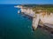 Aerial drone photo of the pointed formation called L`Aiguille or the Needle and Porte d`Aval at Etretat, north western