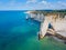 Aerial drone photo of the pointed formation called L`Aiguille or the Needle and Porte d`Aval at Etretat, north western