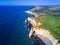 Aerial drone photo of the pointed formation called L`Aiguille or the Needle and Porte d`Aval at Etretat, north western