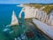 Aerial drone photo of the pointed formation called L`Aiguille or the Needle and Porte d`Aval at Etretat, north western