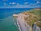 Aerial drone photo of the pointed formation called L`Aiguille or the Needle and Porte d`Aval at Etretat, north western