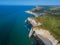 Aerial drone photo of the pointed formation called L`Aiguille or the Needle and Porte d`Aval at Etretat, north western