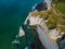 Aerial drone photo of the pointed formation called L`Aiguille or the Needle and Porte d`Aval at Etretat, north western
