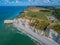 Aerial drone photo of the pointed formation called L`Aiguille or the Needle and Porte d`Aval at Etretat, north western