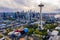 Aerial drone photo of the Seattle Space Needle and downtown