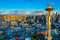 Aerial drone photo of the Seattle Space Needle at sunset