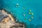 Aerial drone photograph of watersport boat equipment at fig tree bay beach cyprus