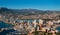 Aerial drone picturesque view from above Calp cityscape salt lake, bay of Mediterranean Sea the both sides photo taken from Penon