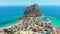 Aerial drone point of view real time of Calpe cityscape, Penyal d`Ifac