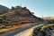 Aerial drone point of view Sanctuary of Santa Maria Magdalena rises on top of rocky mountain in Novelda town, spanish Art Nouveau