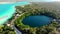 Aerial Drone Shot of Beautiful Cenote Azul and view on 7 seven colors lagoon in Bacalar, Quintana Roo, Mexico