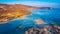 Aerial drone shot of beautiful turquoise beach with pink sand Elafonissi, Crete, Greece. Best beaches of Mediterranean, Elafonissi