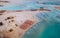 Aerial drone shot of beautiful turquoise beach with pink sand Elafonissi, Crete, Greece. Best beaches of Mediterranean, Elafonissi