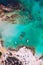 Aerial drone shot of beautiful turquoise beach with pink sand Elafonissi, Crete, Greece. Best beaches of Mediterranean, Elafonissi