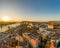 Aerial drone shot of Buda castle on Buda hill during Budapest sunrise morning glow