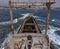 Aerial drone shot of cargo shipwreck in Paphos with waves Cyprus island storm Mediterranean sea