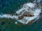 Aerial drone shot of cargo shipwreck in Paphos with waves Cyprus island storm Mediterranean sea