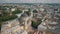 Aerial drone shot of city Lviv, Ukraine. Ancient Ukraine Dominican Church. Panorama of old town