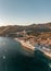 Aerial drone shot of cruise ship at Port Gruz in dalmatia coastline in Croatia summer sunset