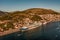 Aerial drone shot of cruise ship at Port Gruz in Dubrovnik in Croatia summer sunset