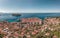 Aerial drone shot of Dubrovink city old town with view of Lokrum island in Croatia summer morning