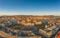 Aerial drone shot of east side facade of Hungarian Parliament Kossuth Square during Budapest sunrise