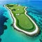 Aerial drone shot of a golf course at Cap Punta Dominican with spots of seaweed on the